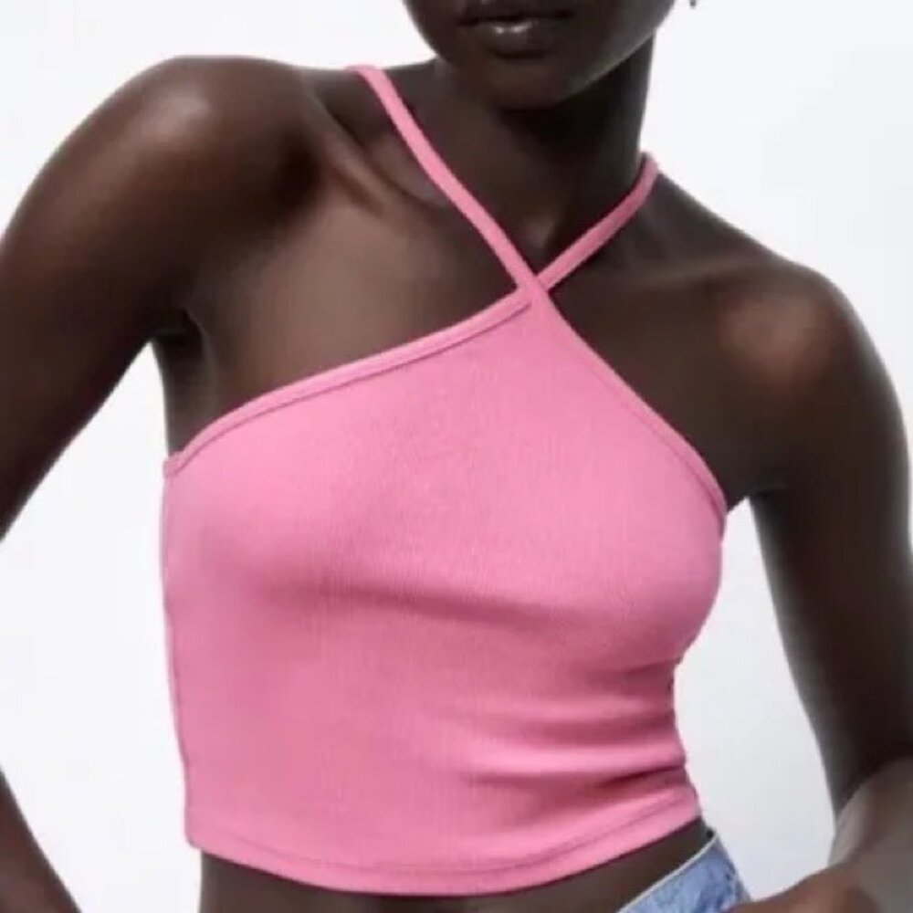 Zara Pink Ribbed Sleeveless Halter Style Crop Top - Picture 5 of 6